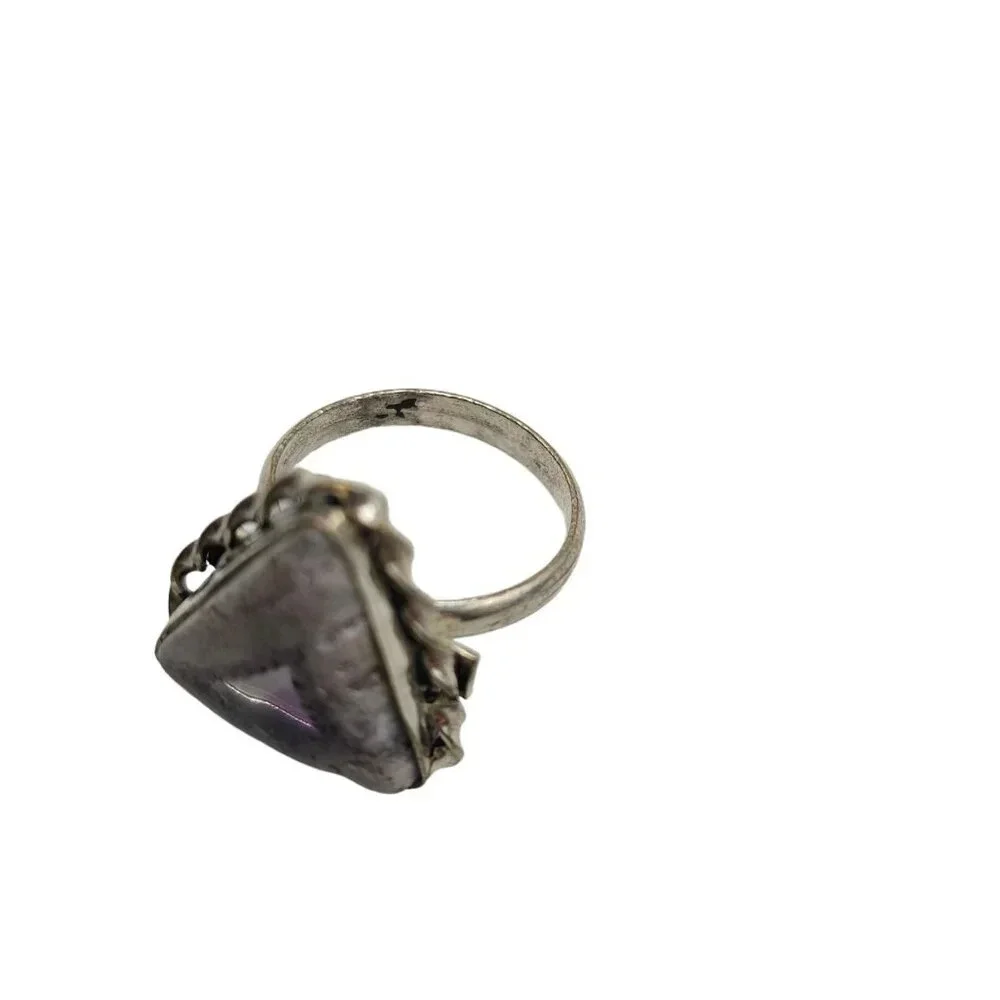 Purple Porcelain Jasper Triangle Ring Size 7.25 Silver Plated Vintage